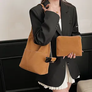 Vintage matte suede tote bag set with matching pouch, stylish large capacity shoulder bag.