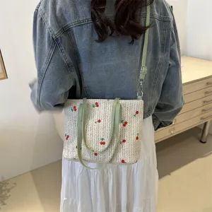 Summer woven straw tote bag with cute red strawberry embroidery green shoulder straps