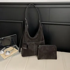 Vintage suede hobo tote bag set for women, autumn winter large capacity casual shoulder bag.