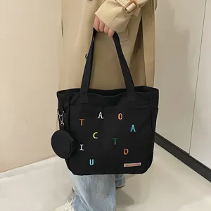 Black canvas tote bag with matching coin pouch, large capacity casual shoulder bag for women