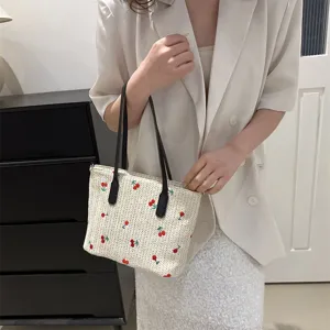 Summer woven straw tote bag with cute cherry embroidery, large capacity shoulder bag for women.