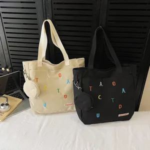 Large capacity canvas tote bag with pouch casual shoulder handbag for students and women