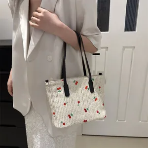 Summer straw woven tote bag with cute embroidery, casual shoulder handbag for travel beach.