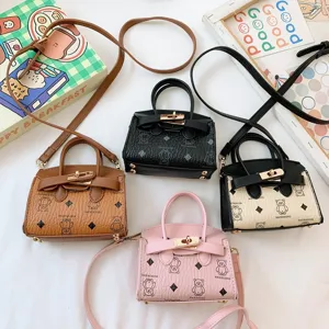 Bolso Bandouliere Mini de Cuir PU para Niños Lindo Estampado de Oso Bolso de Hombro con Cerradura Metálica