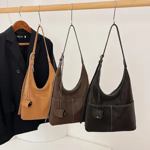 Women Vintage Matte Suede Tote Bag Large Capacity Commuter Shoulder Bag Casual Contrast Stitching Handbag