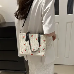 Summer Woven Tote Bag Large Capacity Cherry Embroidery Shoulder Crossbody Bag Casual Handbag