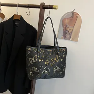 Black butterfly jacquard tote bag large capacity casual shoulder bag for women commuting
