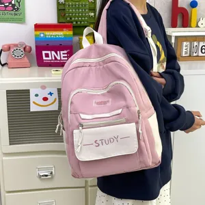 Korean style large capacity casual waterproof backpack for students, pink and white.