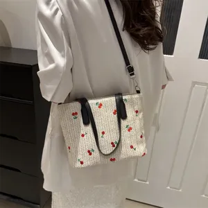 Summer straw woven tote bag with cute cherry embroidery, spacious shoulder bag for women.