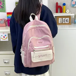 Pink and white casual backpack school bag large capacity student daily bookbag detail view