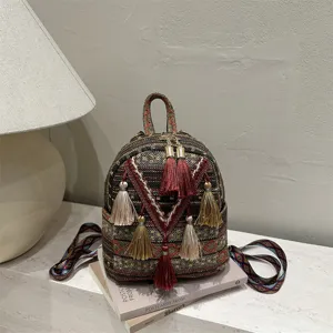 Ethnic woven mini backpack casual bohemian style tassel travel daily shoulder bag women