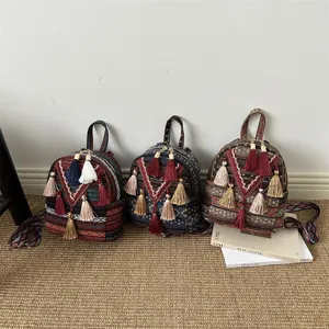 Ethnic Style Oxford Cloth Backpack Women Casual Tassel Travel Daypack Fashion Vintage School Bookbag Small Shoulder Bag
