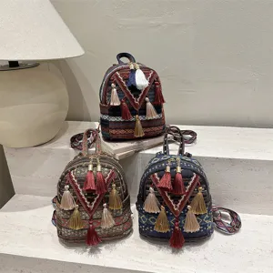 Ethnic style women backpack casual small backpack with tassel retro design lightweight daily bag