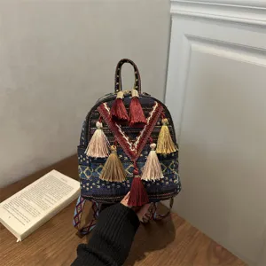 Ethnic style woven mini backpack with colorful tassels casual trendy small bag for women