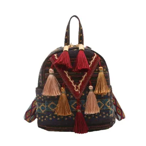 Ethnic style women woven mini backpack casual tassel cute small daypack for daily use