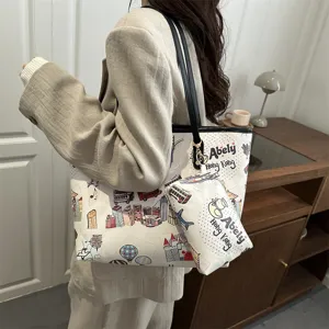 Stylish canvas tote bag for women with cute cartoon graffiti print and matching pouch.
