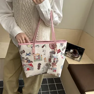 Women's doodle print large capacity tote bag with matching pouch, stylish casual shoulder bag.