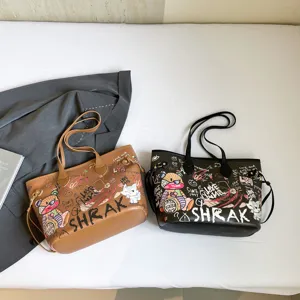 Large capacity tote bag for women, stylish graffiti bear print PU leather shoulder handbag.