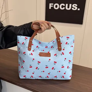 Women large capacity cherry print tote bag commuter casual shoulder handbag stylish aesthetic