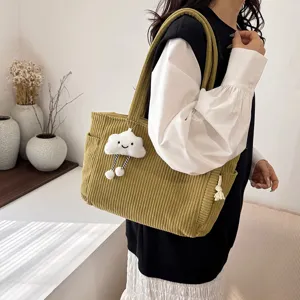 Corduroy tote bag for women large capacity retro minimalist casual shoulder bag everyday use