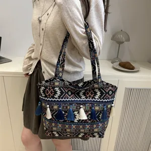 Ethnic retro woven tote bag with tassels stylish shoulder bag for women daily commute