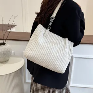 White corduroy shoulder bag with metal chain strap, casual large capacity tote for women.