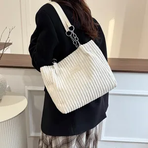 Stylish women white corduroy shoulder bag with metal chain strap, large capacity tote bag.