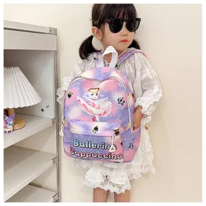 Detailed view of kids cartoon backpack featuring lovely ballerina print and vibrant gradient colors.