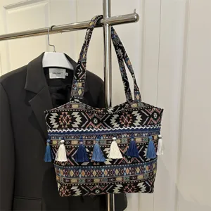 Ethnic style woven tote bag with vintage geometric embroidery and tassels for women daily commute