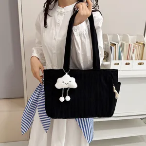 Black corduroy tote bag with cute cloud charm, large capacity casual shoulder bag for women.