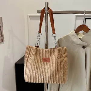 Beige corduroy tote bag large capacity shoulder bag for women winter daily commute