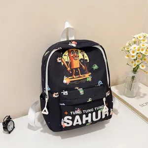 Cute cartoon print black kids school backpack with front pocket and adjustable straps.