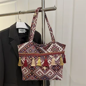 Ethnic style woven tote bag with colorful tassels, large capacity casual shoulder bag.