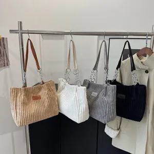 Stylish corduroy chain tote bag for women, large capacity shoulder bag for daily work commute winter.