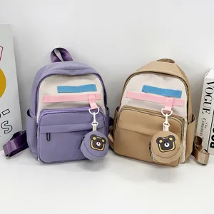 Detailed closeup view of cute cartoon bear kids backpack, lightweight daily school bag.