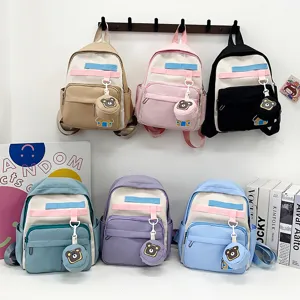 Kids School Backpack Cute Cartoon Bear Pendant Waterproof Lightweight Nylon Bookbag For Students Girls Boys