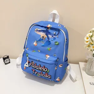 Cute cartoon kids school backpack detail view, large blue book bag for kindergarten students.
