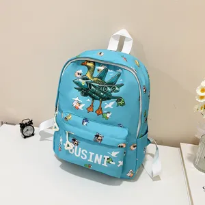 Cute light blue kids cartoon backpack with duck fighter jet print, casual daily school bag.