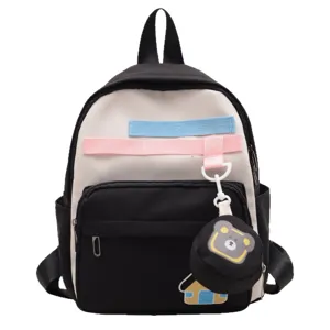 Cute children school backpack black white mini daypack with cute cartoon bear pendant straps
