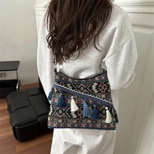 Bohemian ethnic woven shoulder bag for women with tassels large capacity vintage crossbody bag