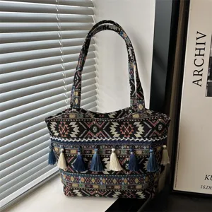 Ethnic vintage embroidered tote bag with tassels, large capacity casual shoulder bag for women.