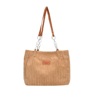 Women corduroy tote bag large capacity shoulder bag with chain strap casual winter purse