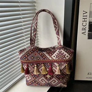 Ethnic retro embroidered tote bag with tassels, large capacity casual shoulder bag for women.