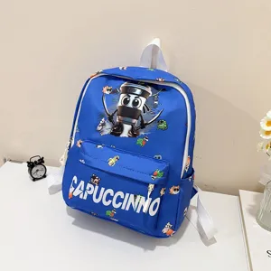 Kids blue backpack with cute cartoon coffee cup graphic and Capuccinno lettering detail for school.