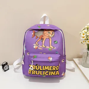 Cute cartoon cat fish print purple kids school backpack for daily use student book bag