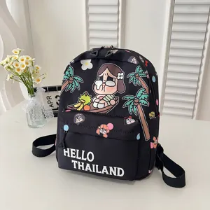 Cute cartoon print school backpack detail view, waterproof lightweight kids backpack for daily use.