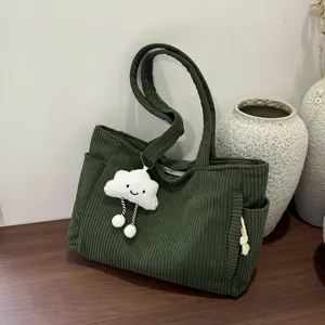 Green corduroy tote bag with cute cloud charm, large capacity shoulder bag for daily use.