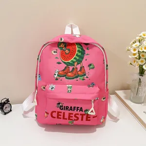 Detailed view of the cute pink kids school backpack featuring unique cartoon giraffe design.