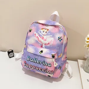 Cute cartoon children school backpack with starry gradient and cute ballerina print for kids.