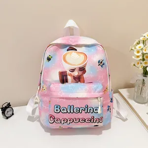 Cute pastel gradient children school backpack with cartoon character print and large capacity.